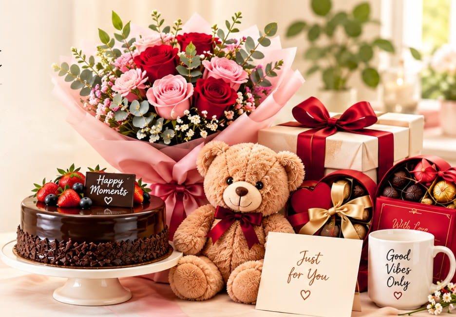 A bouquet of roses, a chocolate cake, a teddy bear, gift boxes and a mug
